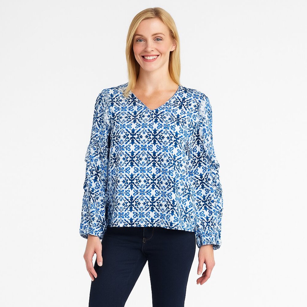 NWT White House Black Market Blouse L Long Sleeve Ruffle Sleeve Cobalt
